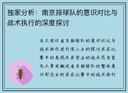独家分析：南京排球队的意识对比与战术执行的深度探讨