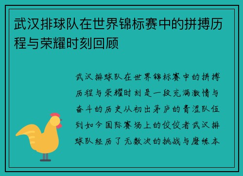 武汉排球队在世界锦标赛中的拼搏历程与荣耀时刻回顾