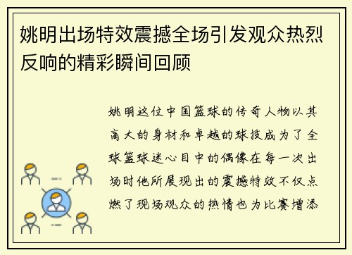 姚明出场特效震撼全场引发观众热烈反响的精彩瞬间回顾